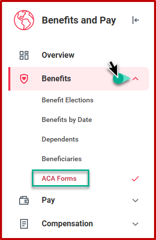 Screenshot of sidebar menu highlighting 'benefits' tab and 'ACA Forms" drop down menu tab