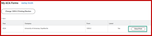 Screenshot of 'ACA Forms' page highlighting 'view/print' button next to the individual form